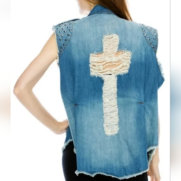 Mono B Distressed Studded Denim Vest Heavy Metal Rocker Chic One Size - Picture 3 of 11